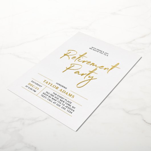 Gold Modern Brush Script Retirement Party Folie Uitnodiging (Gedraaid)