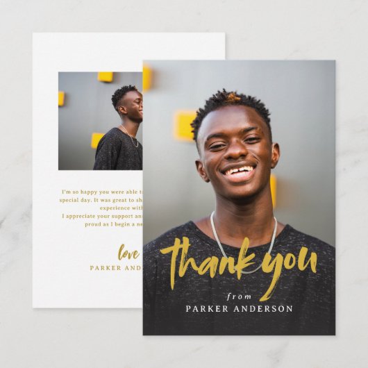 Gold Modern Brush Script Simple Photo Graduation  Bedankkaart (Voorkant / Achterkant)