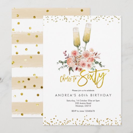 Gold Modern Cheers tot zestig uitnodiging (Voorkant / Achterkant)