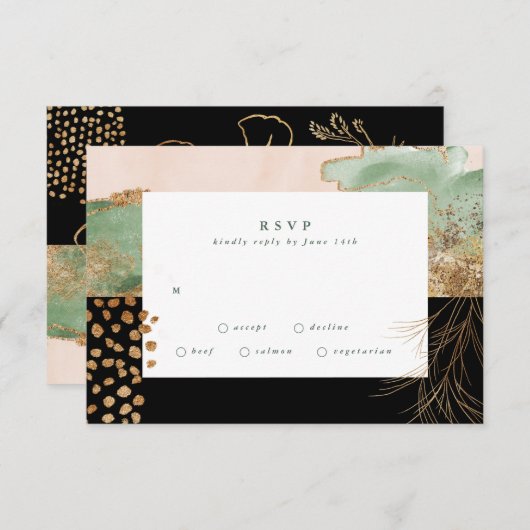 Gold Modern Eucalyptus Abstract Greenery Onyx RSVP Kaartje (Voorkant / Achterkant)