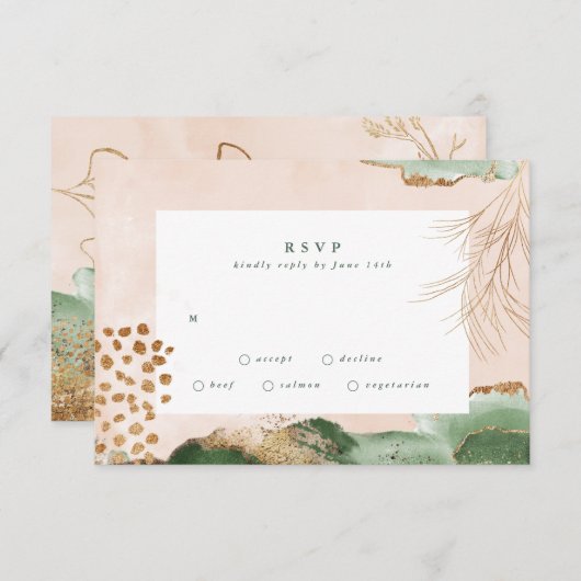 Gold Modern Eucalyptus Abstracte Greenery Moss RSVP Kaartje (Voorkant / Achterkant)