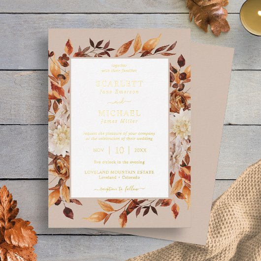 Gold Modern Fall Wedding Folie Uitnodiging