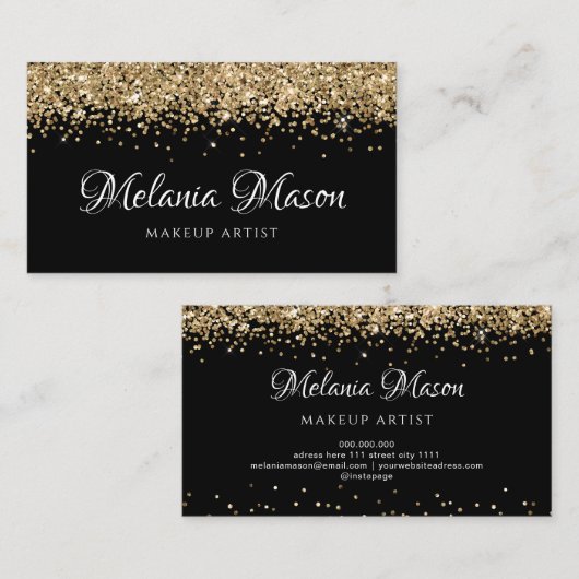 Gold Modern Glitter Makeup Artist Black Elegant Visitekaartje (Voorkant / Achterkant)