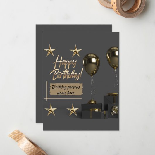 Gold Modern  Happy Birthday Notitiekaartje (Voorkant / Achterkant in situ)