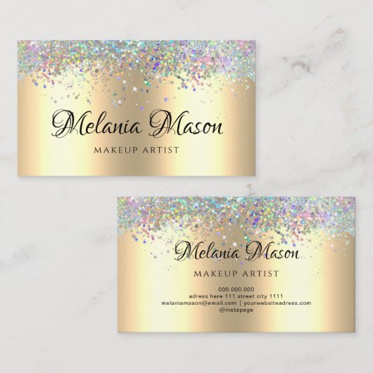 Gold Modern Holographic Glitter Makeup Artist Visitekaartje (Voorkant / Achterkant)