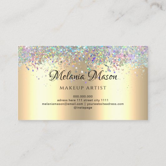 Gold Modern Holographic Glitter Makeup Artist Visitekaartje (Achterkant)