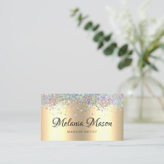 Gold Modern Holographic Glitter Makeup Artist Visitekaartje (Staand voorkant)