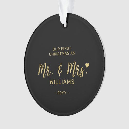 Gold Modern lettering Mr & Mrs First Kerstmis Ornament (voorkant)