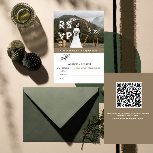 Gold Modern Minimalist Photo & QR Wedding RSVP Bedankkaart