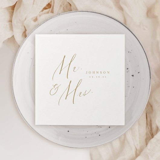 Gold modern Mr en Mrs script minimalistische bruil Servet