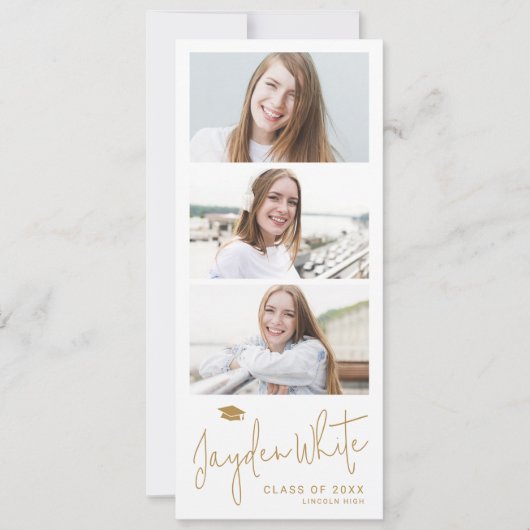 Gold Modern Script 3 Foto Afstuderen Aankondiging (Voorkant)