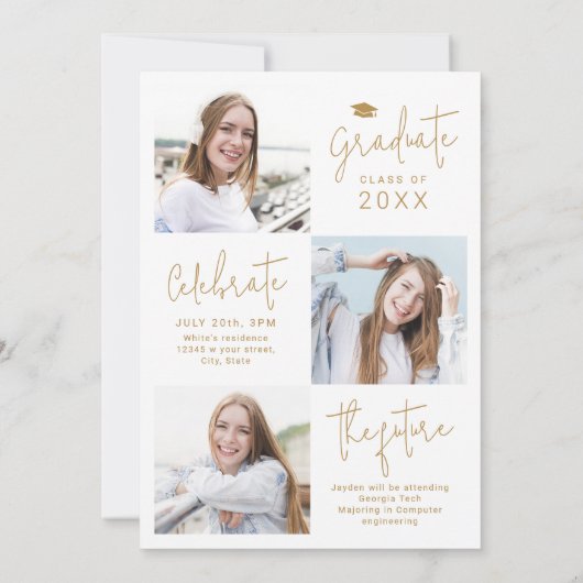 Gold Modern Script 4 Foto Afstuderen Aankondiging (Achterkant)