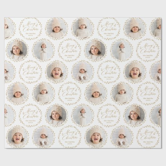 Gold Modern Script Merry Christmas Family 6 photo Cadeaupapier (Vlak)