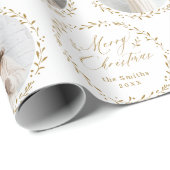 Gold Modern Script Merry Christmas Family 6 photo Cadeaupapier (Rol Hoek)