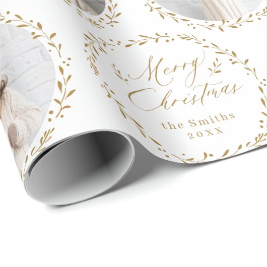 Gold Modern Script Merry Christmas Family 6 photo Cadeaupapier (Rol Hoek)