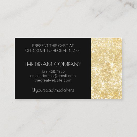 Gold Modern Shimmer en Sparkle Discount 15%-kaart Visitekaartje (Achterkant)