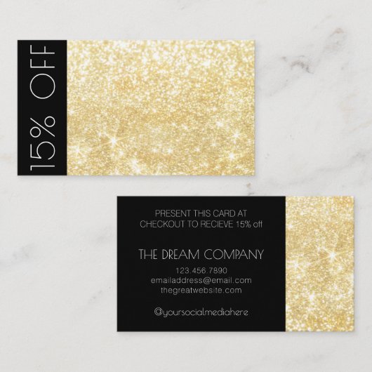 Gold Modern Shimmer en Sparkle Discount 15%-kaart Visitekaartje (Voorkant / Achterkant)