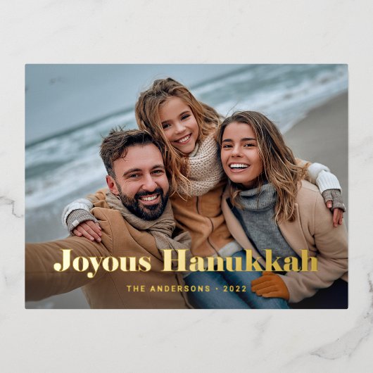 Gold Modern-tekst en foto's | Joyous Hanukkah Folie Feestdagen Briefkaart (Voorkant)