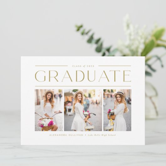 Gold Modern Typografie Drie Foto Afstuderen Aankondiging (Staand voorkant)