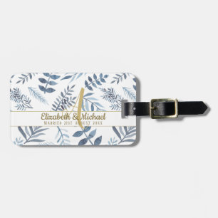 Gold Monogram Azure Blue Botanical Leaves Wedding Bagagelabel