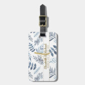 Gold Monogram Azure Blue Botanical Leaves Wedding Bagagelabel (Voorkant verticaal)