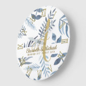 Gold Monogram Azure Blue Botanical Leaves Wedding Grote Klok (Hoek)