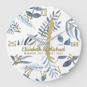 Gold Monogram Azure Blue Botanical Leaves Wedding Grote Klok
