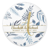 Gold Monogram Azure Blue Botanical Leaves Wedding Keramische Knop (Voorkant)