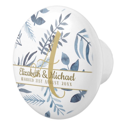 Gold Monogram Azure Blue Botanical Leaves Wedding Keramische Knop (Rechts)