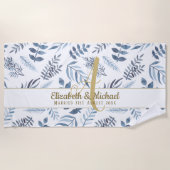 Gold Monogram Azure Blue Botanical Leaves Wedding Strandlaken (Voorkant)