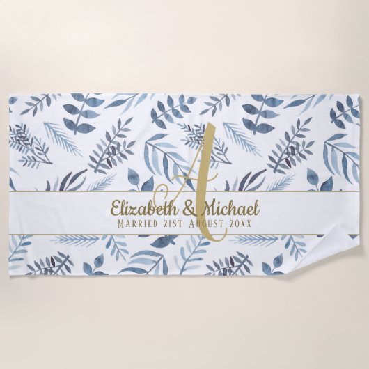 Gold Monogram Azure Blue Botanical Leaves Wedding Strandlaken (Voorkant)