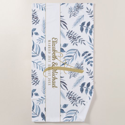Gold Monogram Azure Blue Botanical Leaves Wedding Strandlaken (Voorkant)