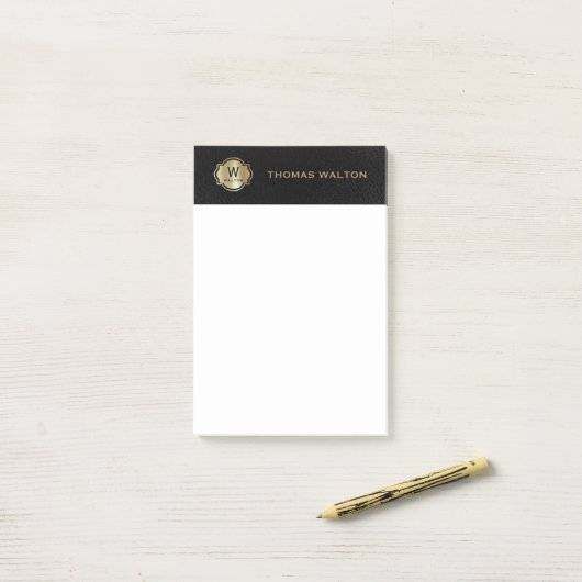 Gold Monogram Black Leather Look Elegant Post-it® Notes (Op bureau)