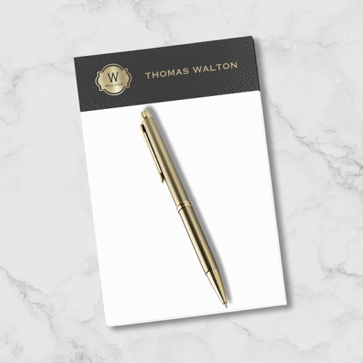Gold Monogram Black Leather Look Elegant Post-it® Notes