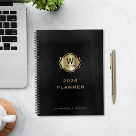 Gold Monogram Black Leather Look Planner