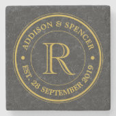 Gold Monogram Black Leather Wedding Jubileum Stenen Onderzetter (Voorkant)