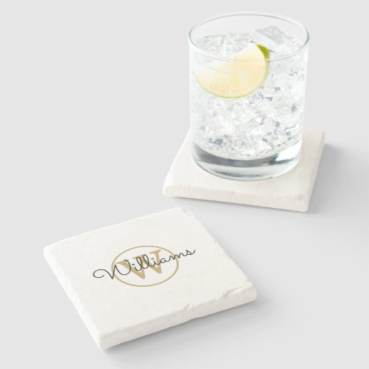 Gold Monogram Black Script Name Stone Onderzetter (Zijkant)