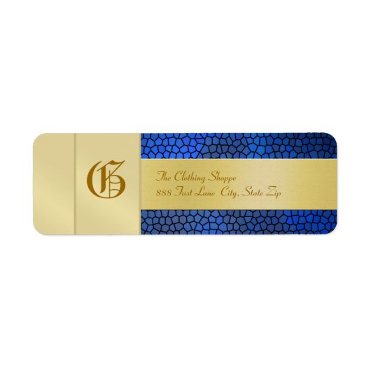 Gold Monogram Blue Business Address Label (Voorkant)