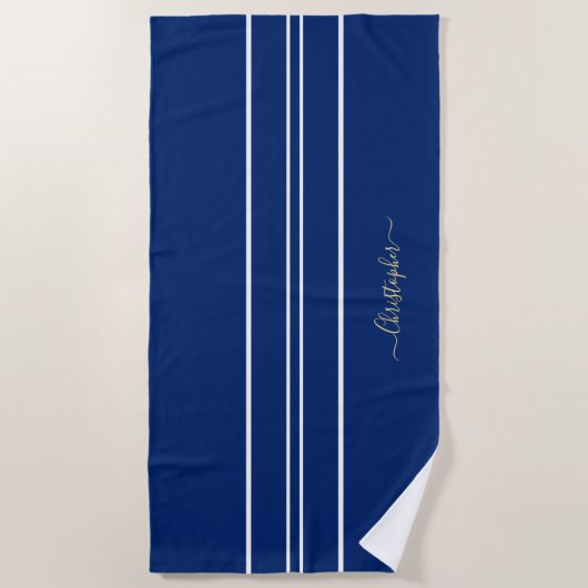 Gold Monogram Blue White Racing Stripes Pool Strandlaken (Voorkant)