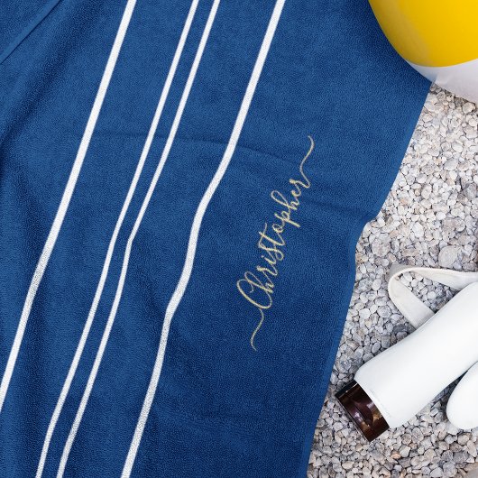 Gold Monogram Blue White Racing Stripes Pool Strandlaken