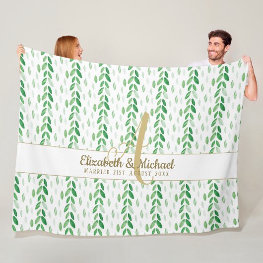 Gold Monogram Botanische Waterverf Greenery Weddin Fleece Deken (In situ)