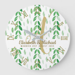 Gold Monogram Botanische Waterverf Greenery Weddin Grote Klok