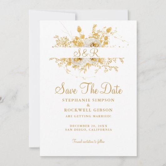 Gold Monogram Bride Groom Name Wedding Save The Date (Voorkant)