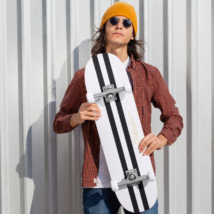 Gold Monogram Classic Black White Racing Stripes Persoonlijk Skateboard