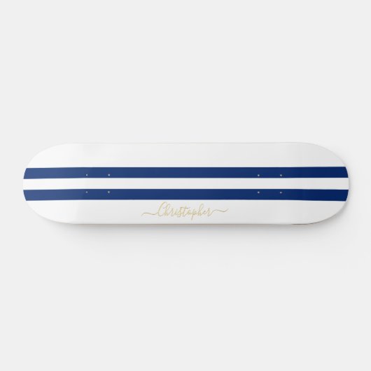 Gold Monogram Classic Blue White Racing Stripes Persoonlijk Skateboard (Horizontaal)