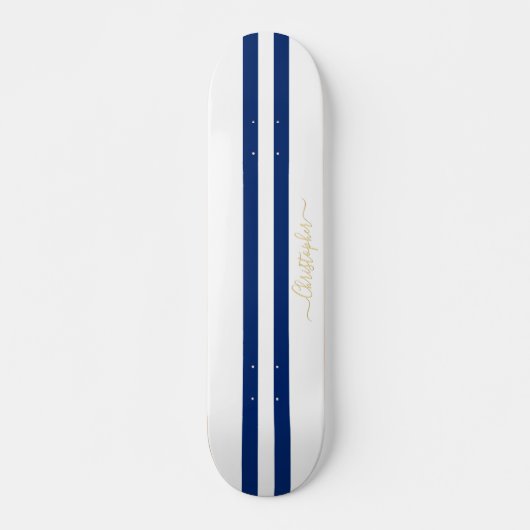 Gold Monogram Classic Blue White Racing Stripes Persoonlijk Skateboard (Voorkant)