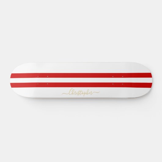 Gold Monogram Classic Red White Racing Stripes Persoonlijk Skateboard (Horizontaal)
