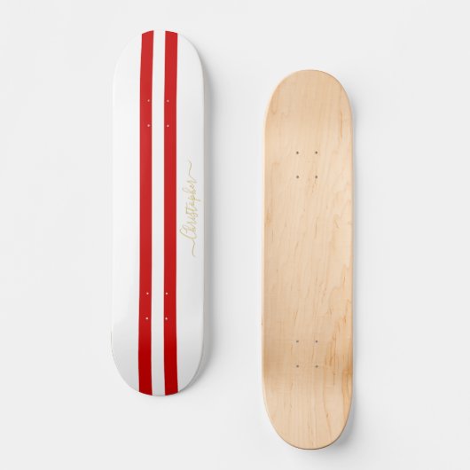Gold Monogram Classic Red White Racing Stripes Persoonlijk Skateboard (Voorkant)