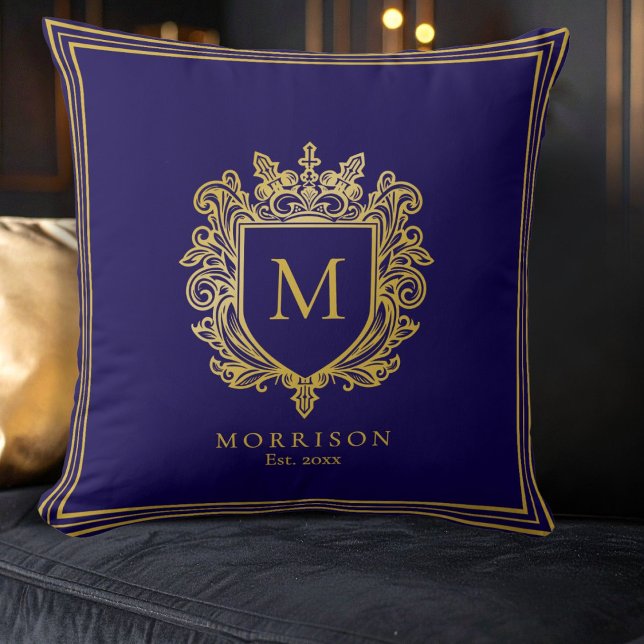 Gold Monogram Crest Sierkussen (Gold Monogram Crest Blue Throw Pillow)