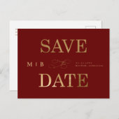 Gold Monogram Deep Red Wedding Save the Date Aankondigingskaart (Voorkant / Achterkant)
